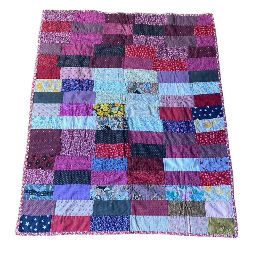 Vintage Handmade Baby Quilt Cottagecore lap blanket 32x40 Grandma Country 80s
